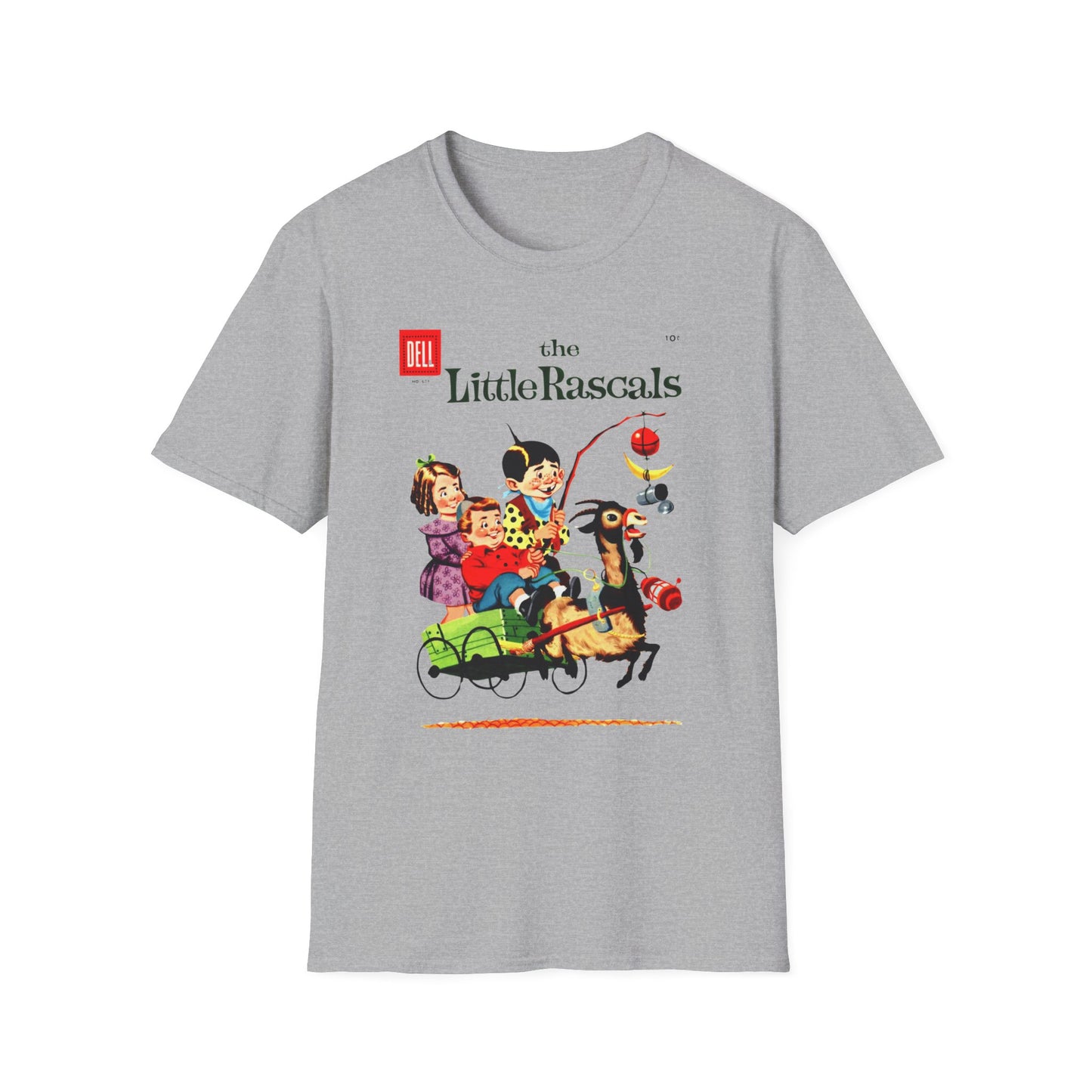 Vintage Little Rascals T-Shirt in cool gray, featuring an iconic vintage comic cover design. Ideal for fans of classic comics looking to sport a unique vintage comic t-shirt!