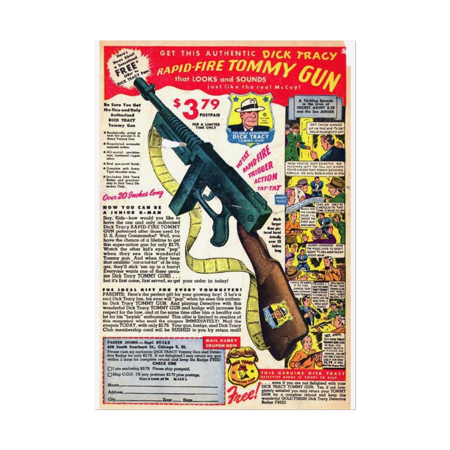 Retro Comic Book Ad for Toy Machine Gun Poster Print - Old School Male 