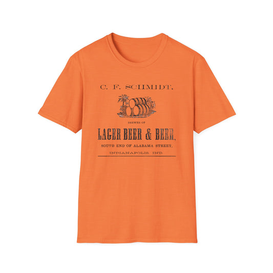 An orange t-shirt with the classic C.F. Schmidt Lager Beer design, ideal for stand-out beer lovers who enjoy a pop of color.