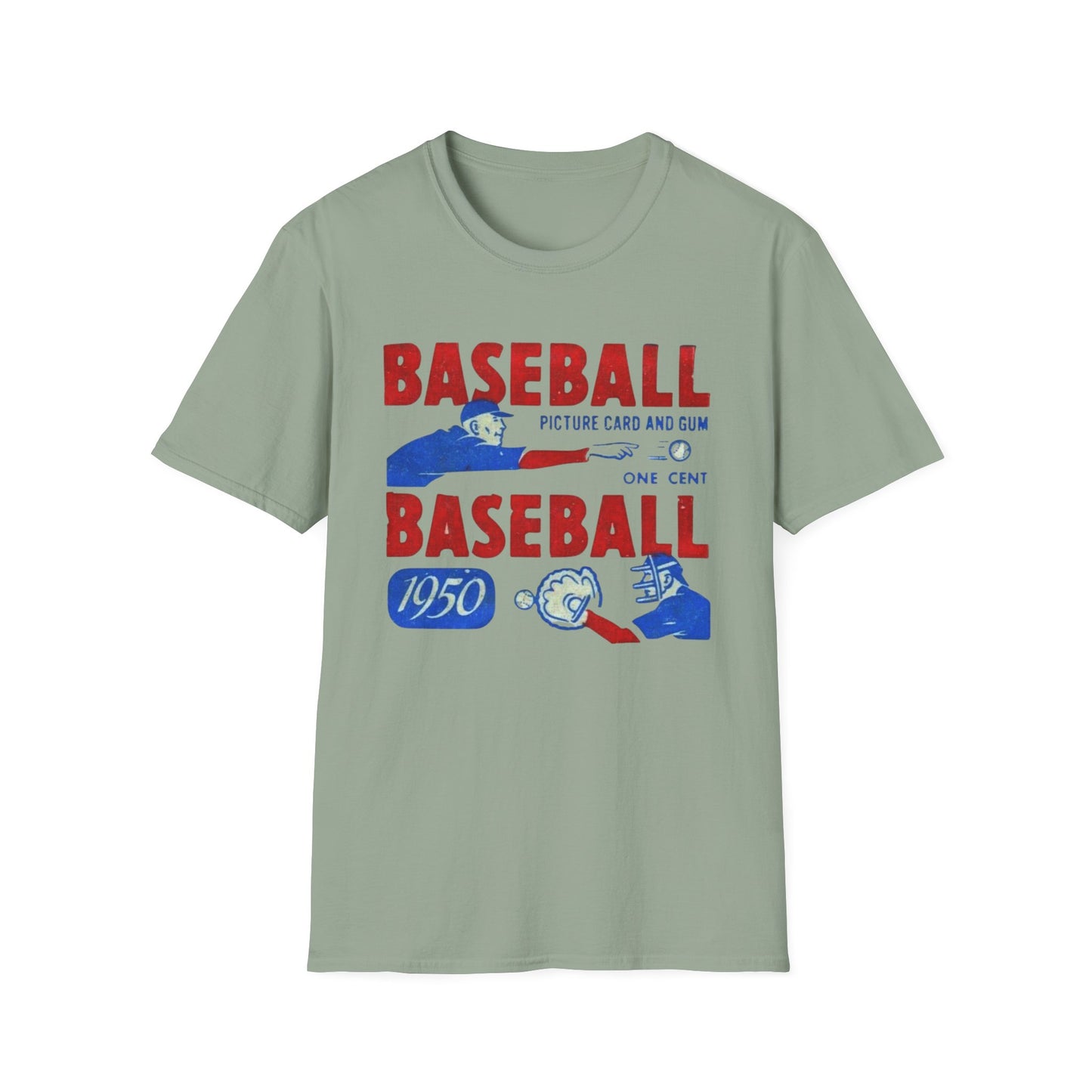 Vintage 1950 Baseball Card Wrapper Unisex T-Shirt in gray featuring charming retro artwork. Embrace your love for baseball with this nostalgic sportswear that serves as a perfect gift for any dedicated fan.