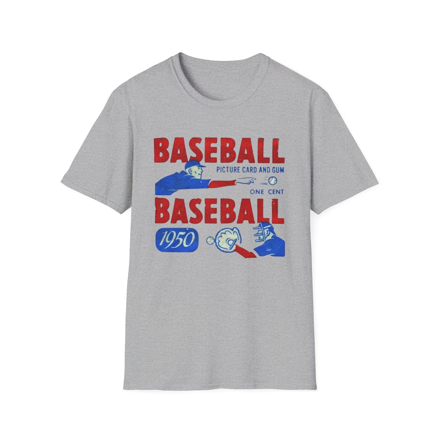 Vintage 1950 Baseball Card Wrapper Unisex T-Shirt in gray featuring a unique retro design. Celebrate nostalgia with this stylish tee that makes a perfect baseball fan gift and a great addition to any vintage clothing collection.