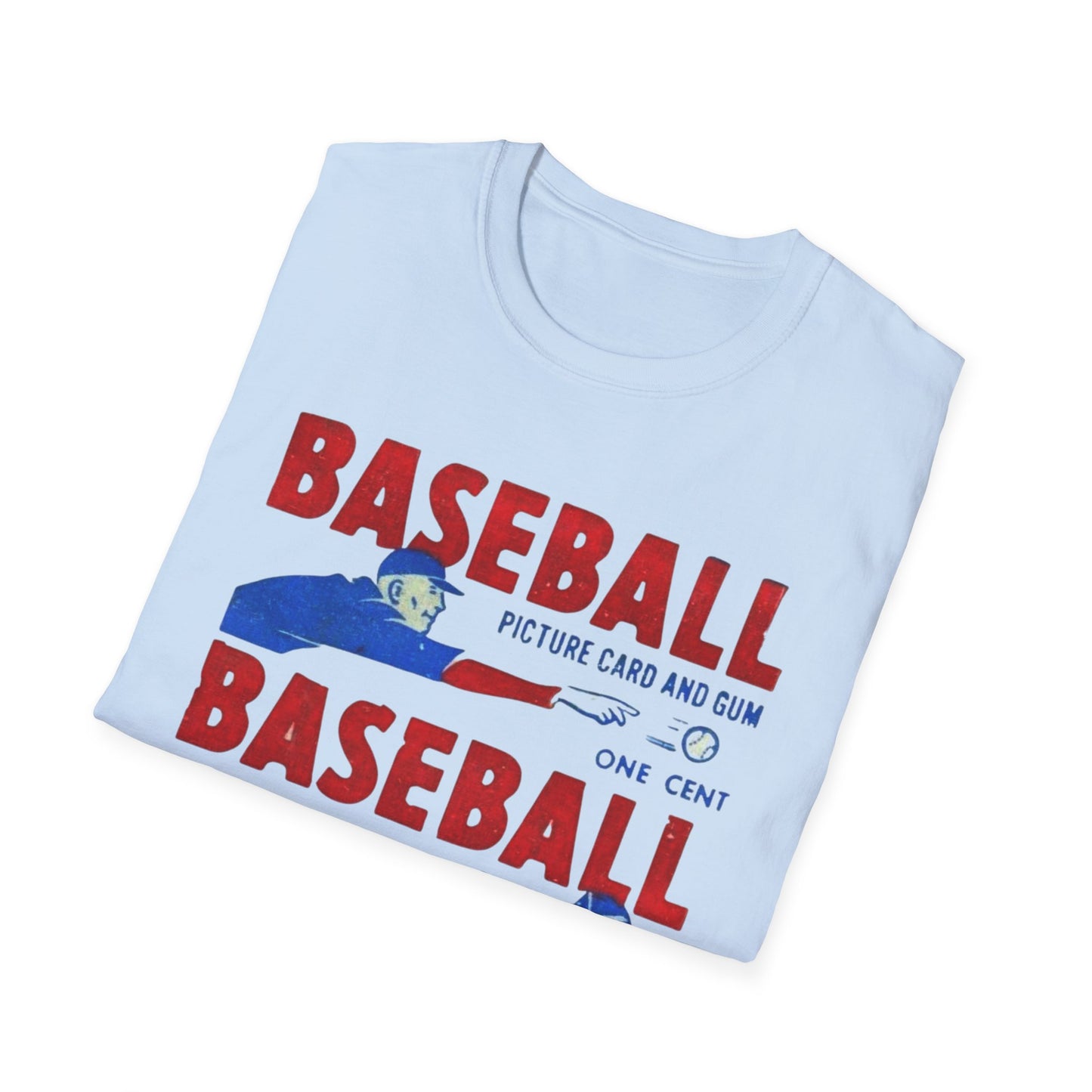 Vintage 1950 Baseball Card Wrapper Unisex T-Shirt in light blue showcasing retro graphics. A stylish choice for baseball enthusiasts, combining comfort with a nostalgic feel.