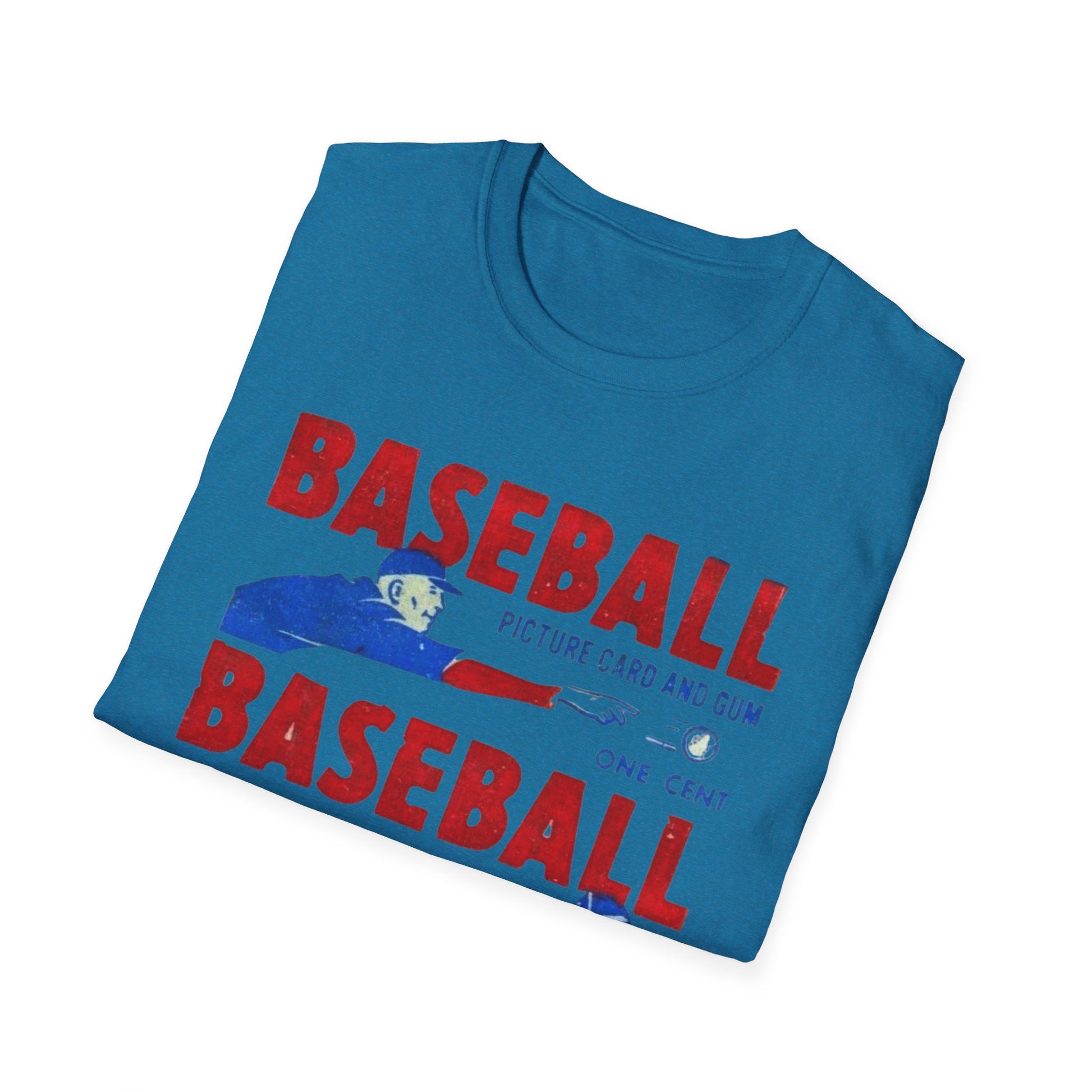 Vintage 1950 Baseball Card Wrapper Unisex T-Shirt in bright blue displaying eye-catching graphics. A stylish option for baseball enthusiasts wanting a nostalgic touch in their wardrobe.