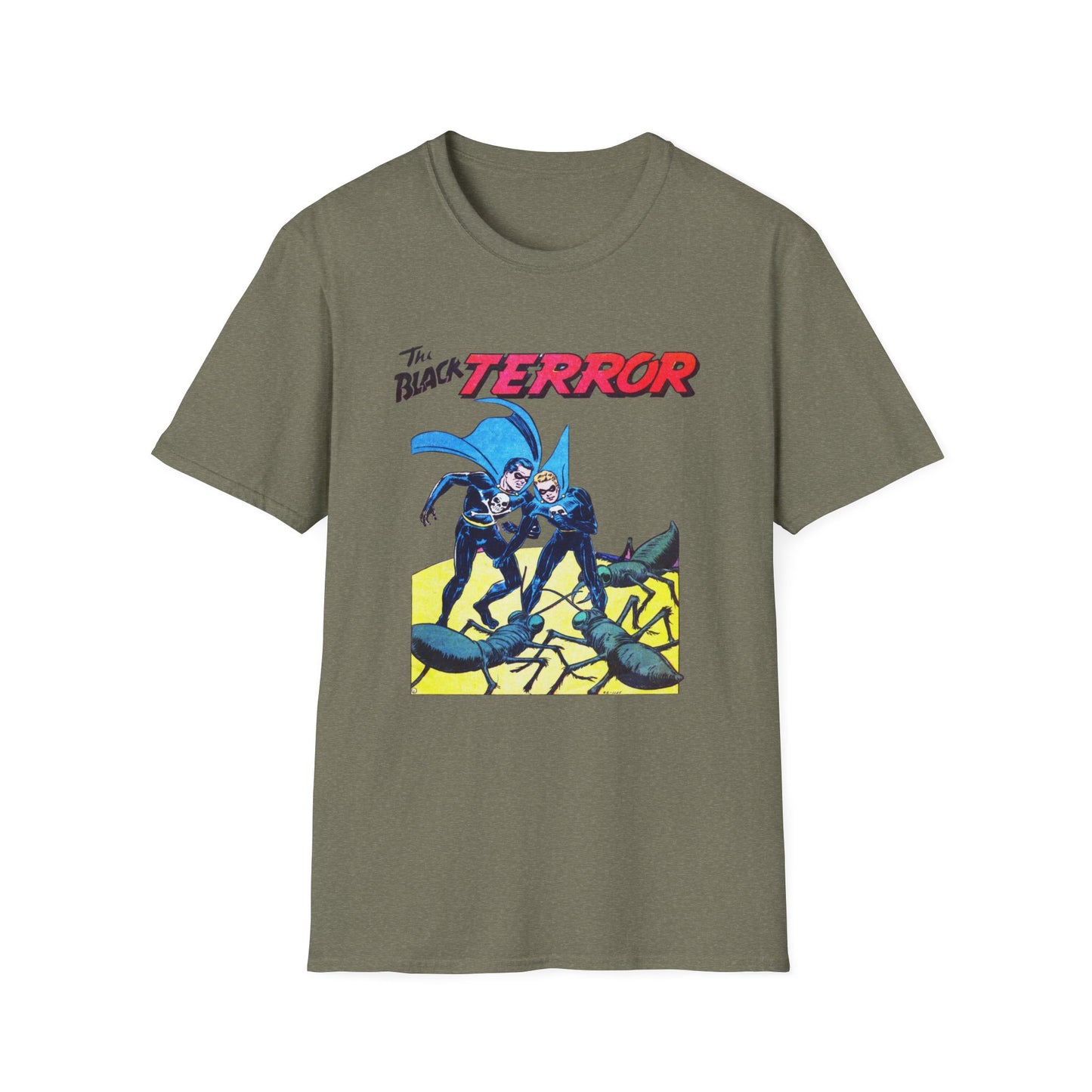 Front view of the Retro Black Terror Comic Book T-Shirt in olive green, emphasizing a striking comic book art style with dynamic characters, great for any comic book fan.