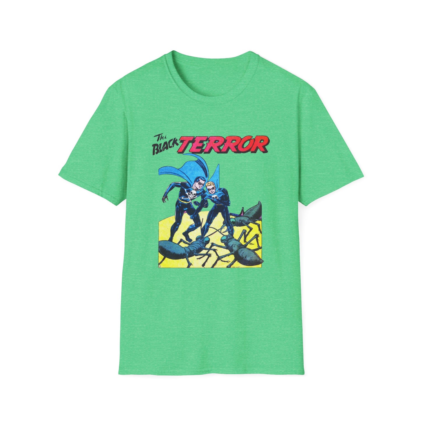 Front view of the Retro Black Terror Comic Book T-Shirt in heather green, featuring a vibrant comic book artwork that appeals to fans of superhero graphics.