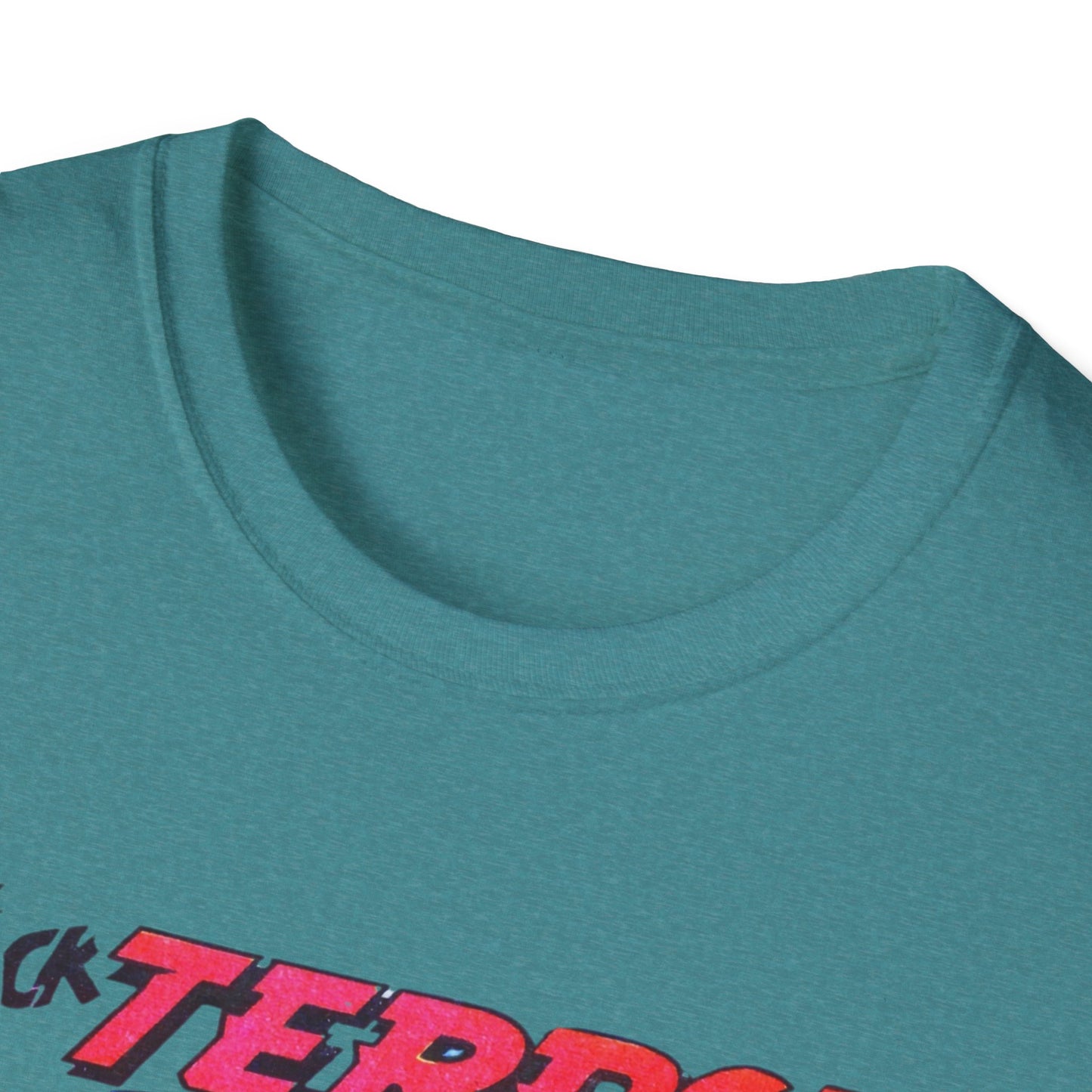 Close-up view of the neckline of the Retro Black Terror Comic Book T-Shirt in purple, emphasizing its soft fabric and high-quality stitching.