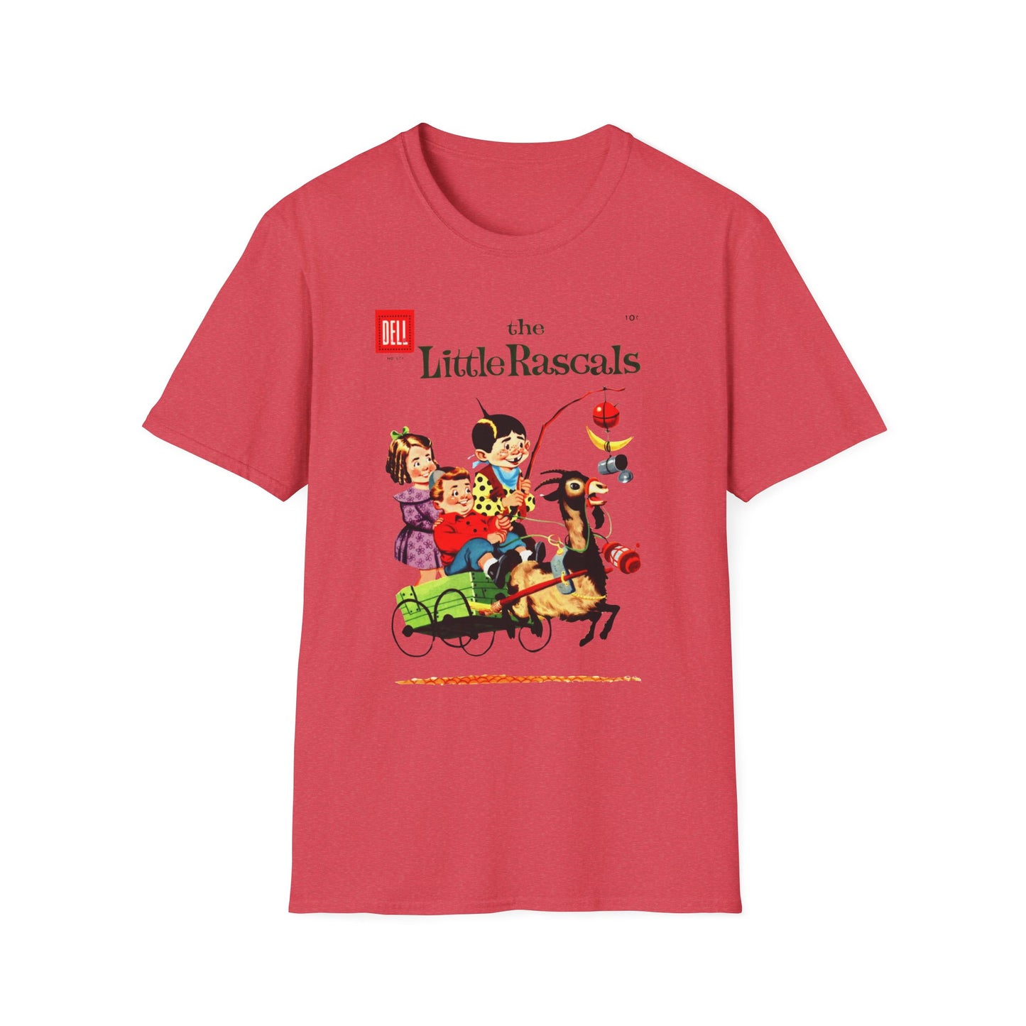 Vintage Little Rascals T-Shirt in vibrant coral, showing a joyful vintage comic cover replete with colorful characters. A spirited vintage comic t-shirt perfect for summer outings!