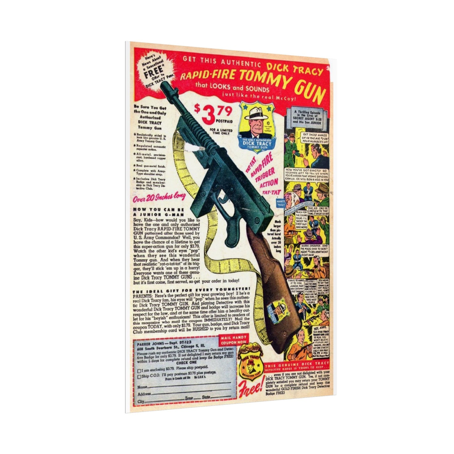 Retro Comic Book Ad for Toy Machine Gun Poster Print - Old School Male 