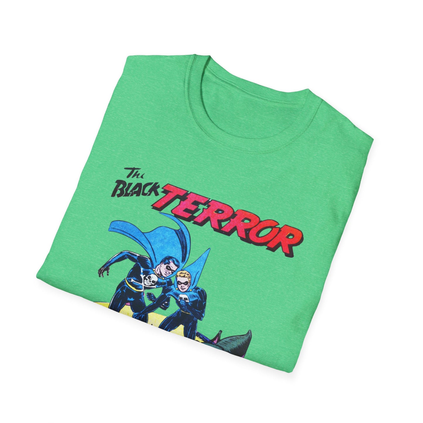 Folded Retro Black Terror Comic Book T-Shirt in blue, featuring an engaging comic book graphic for casual outings.