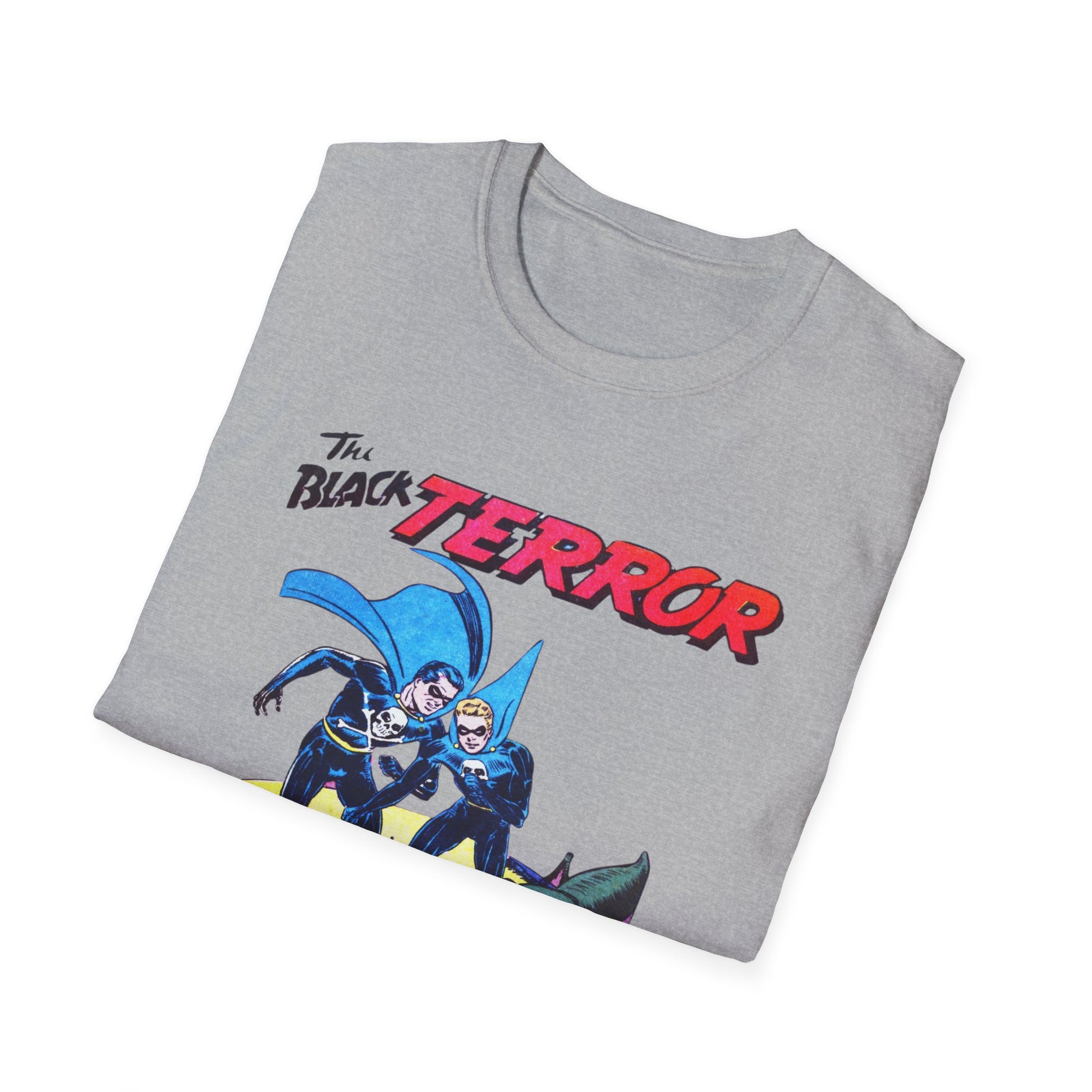 Folded Retro Black Terror Comic Book T-Shirt in light gray, featuring an iconic superhero graphic for casual style lovers.