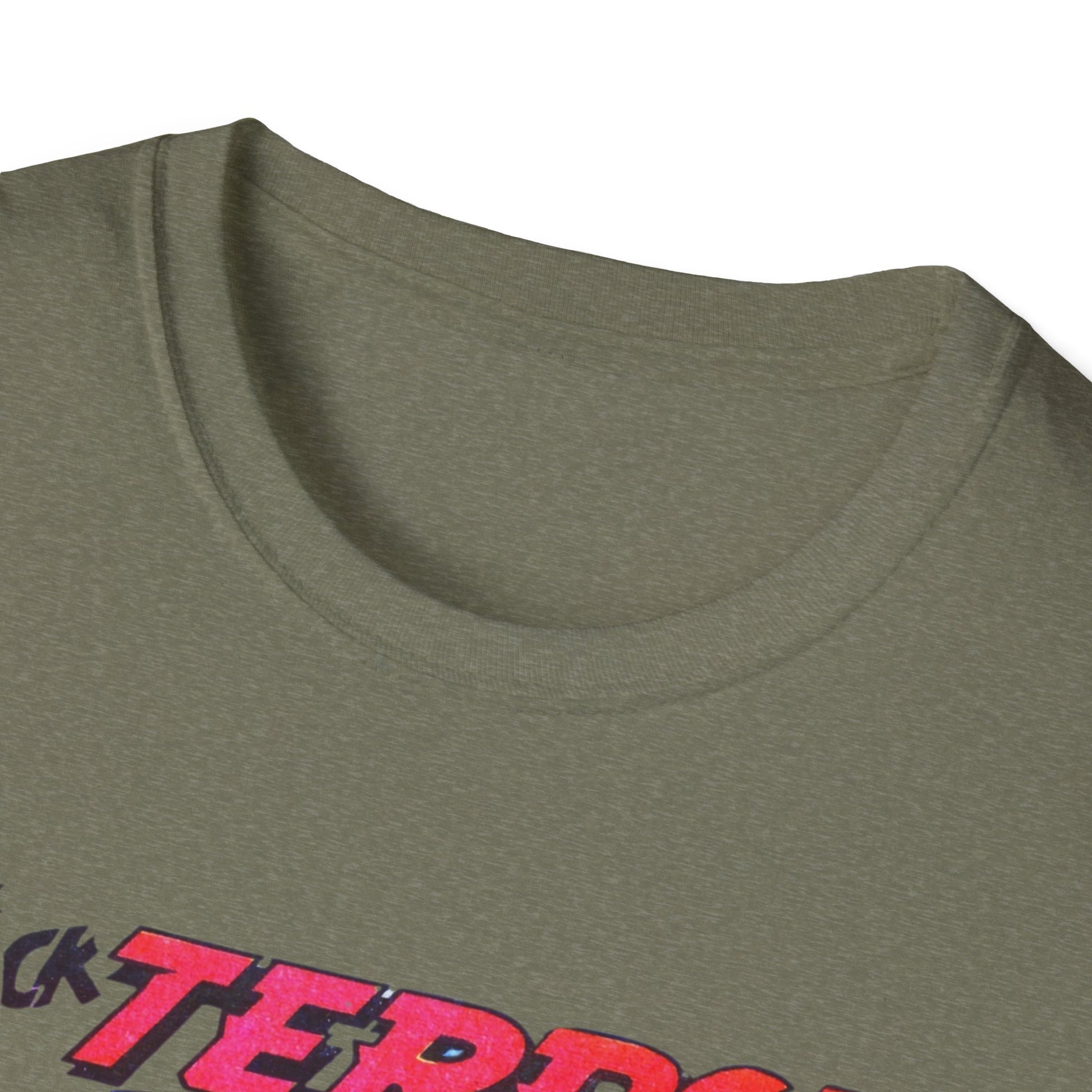 Close-up view showing the neckline on the Retro Black Terror Comic Book T-Shirt in olive green, emphasizing great craftsmanship and comfort.