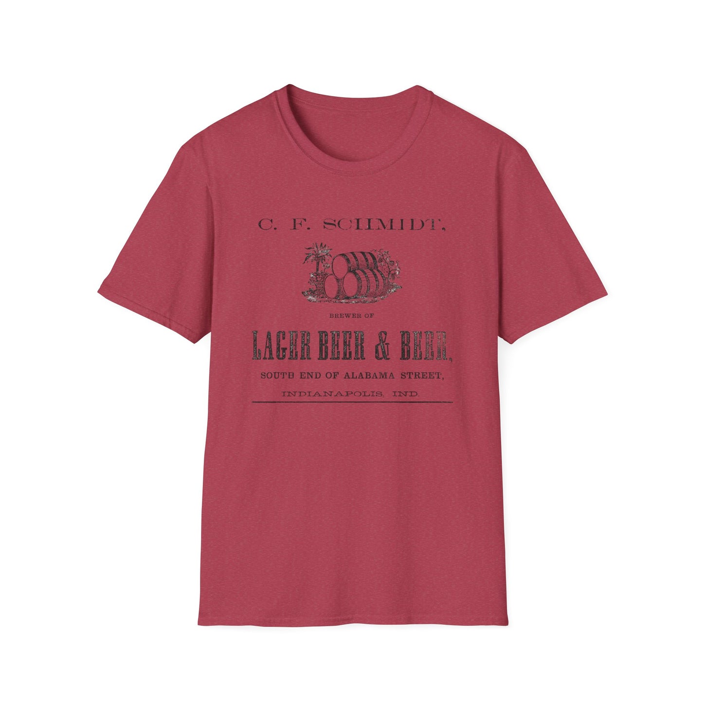 A casual gray t-shirt displaying the timeless C.F. Schmidt Lager Beer logo, ideal for beer lovers seeking comfort and style.