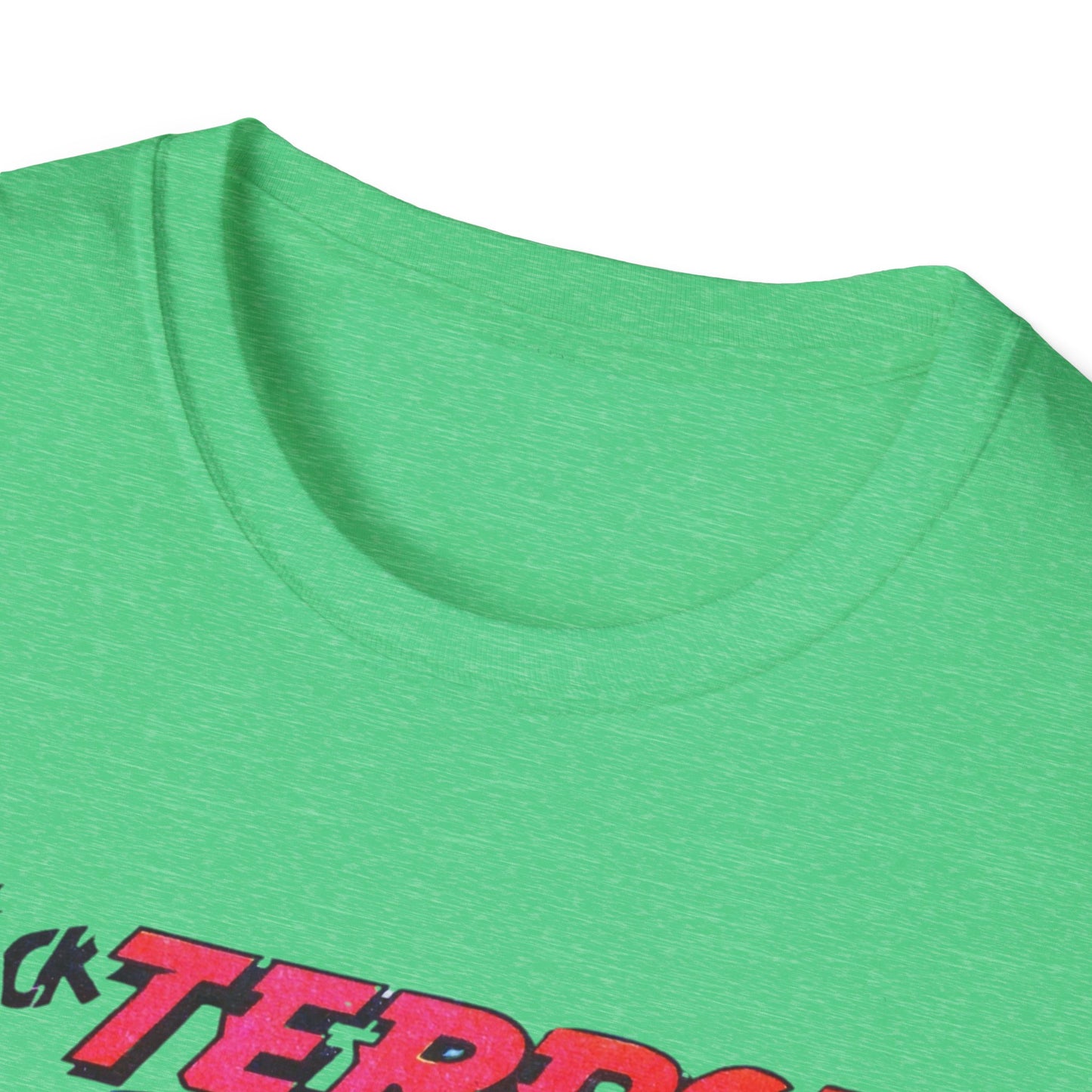 Close-up view of the neckline on the Retro Black Terror Comic Book T-Shirt in blue, showcasing a quality and comfy design for casual wear.