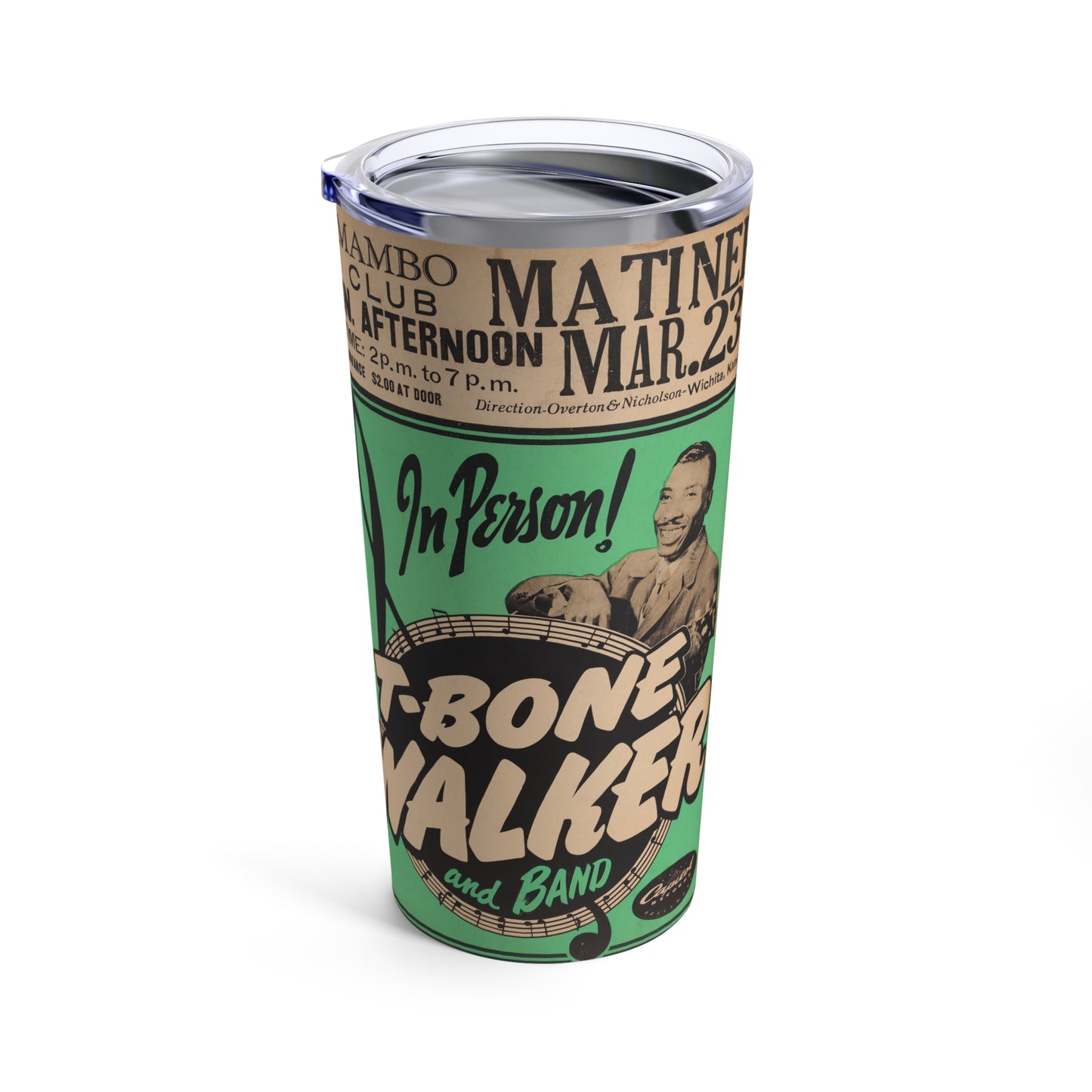 T-Bone Walker Concert Poster 20oz Insulated Stainless Steel Tumbler with Clear Lid - Old School Male 