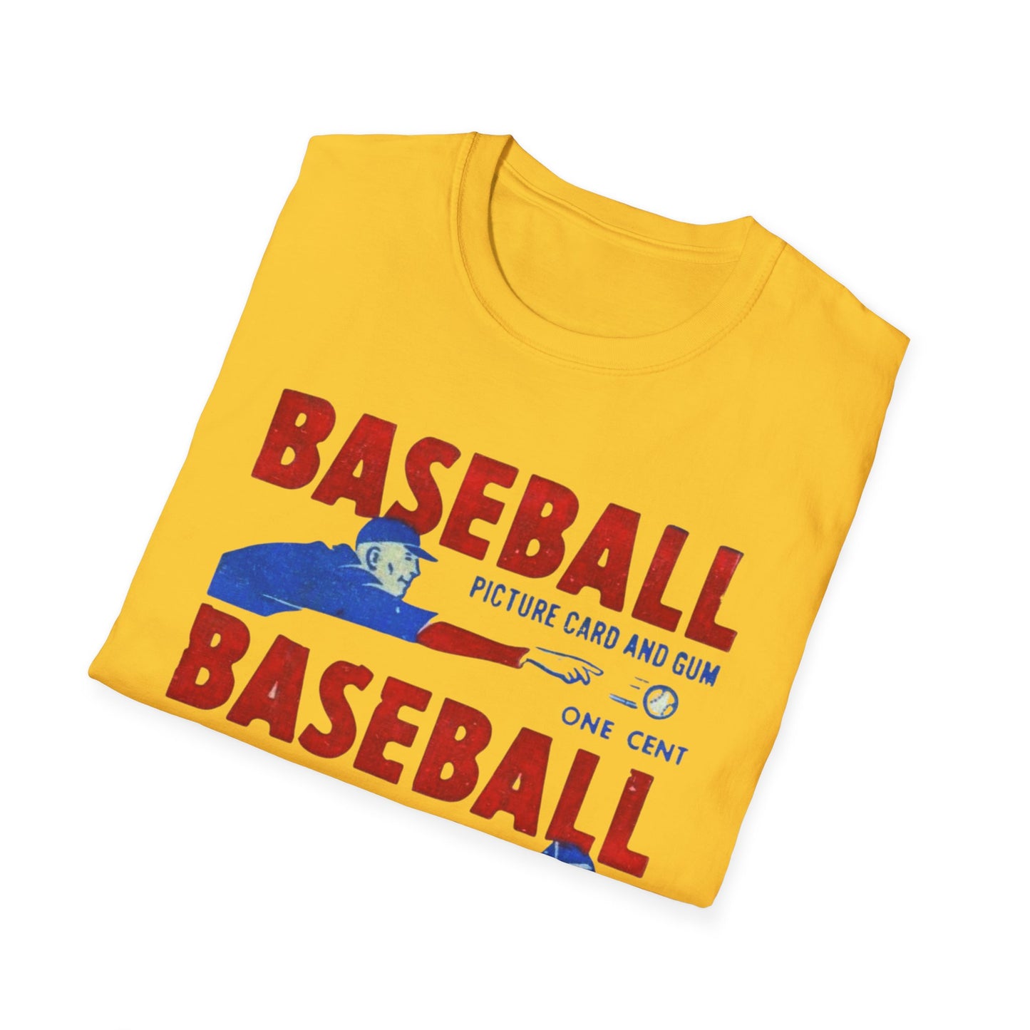 Vintage 1950 Baseball Card Wrapper Unisex T-Shirt in gray featuring vibrant retro design. Perfect for baseball fans who appreciate nostalgia and unique style.