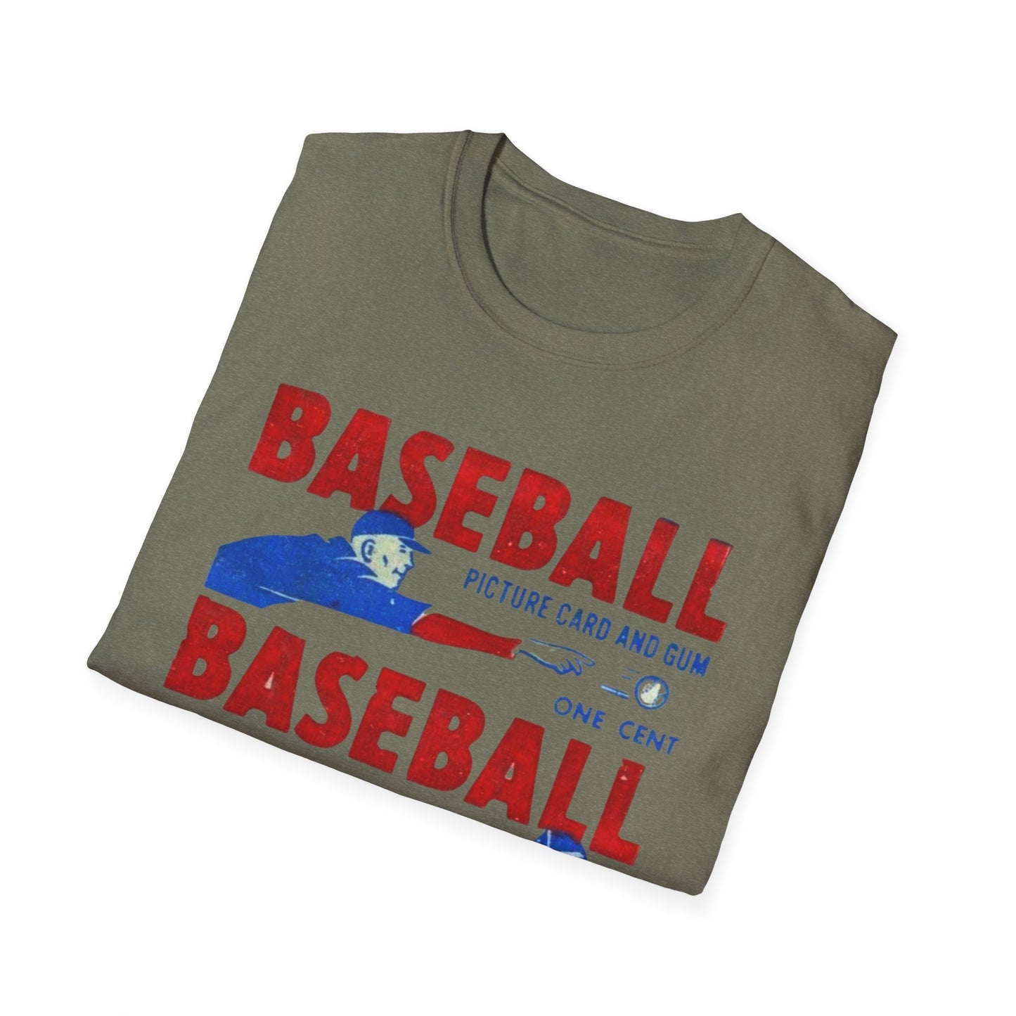 Vintage 1950 Baseball Card Wrapper Unisex T-Shirt in gray featuring retro design elements. Perfect for baseball fans, this shirt embodies 1950s nostalgia while providing great comfort.