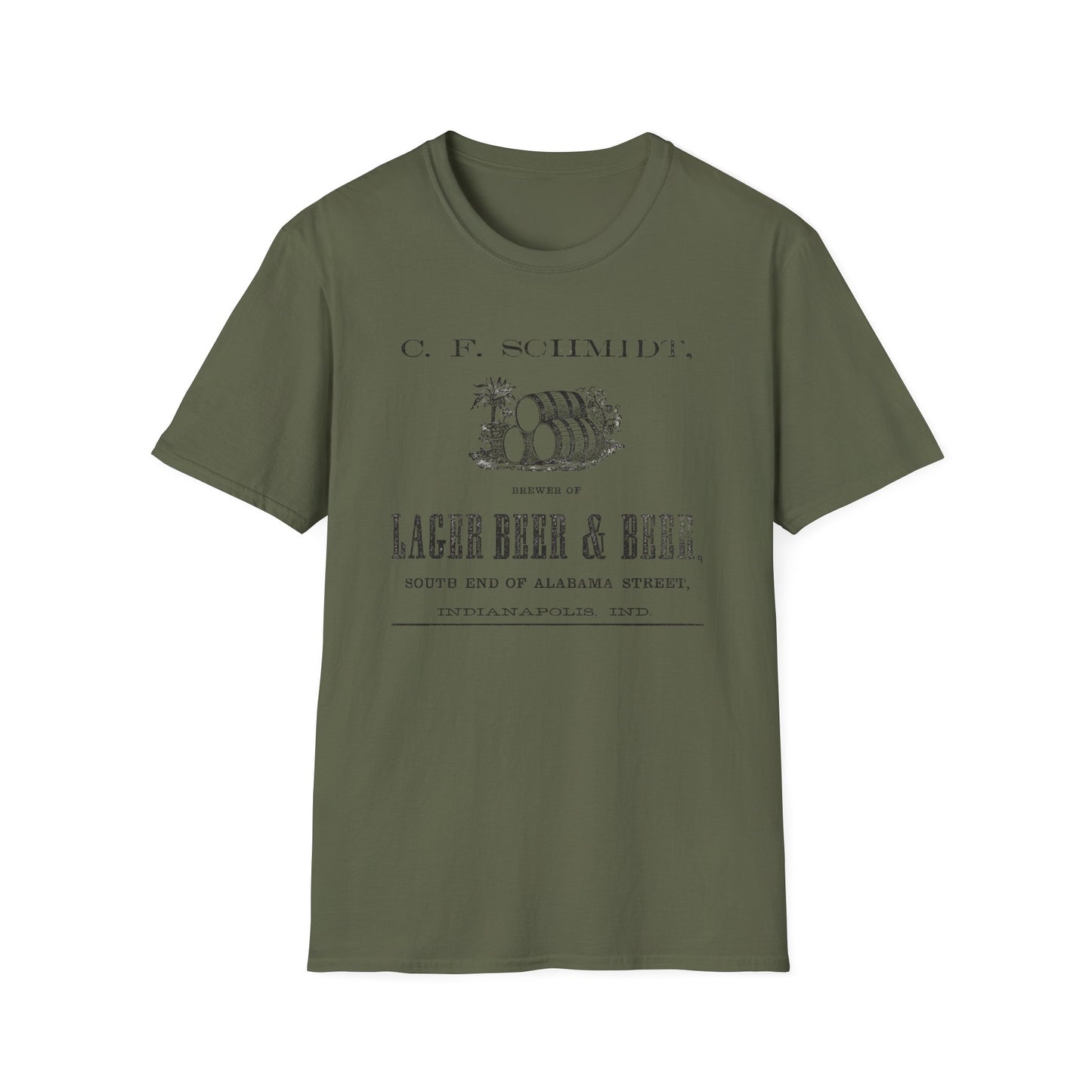 A deep green t-shirt with the vintage C.F. Schmidt Lager Beer design, perfect for casual hangouts and backyard barbecues.