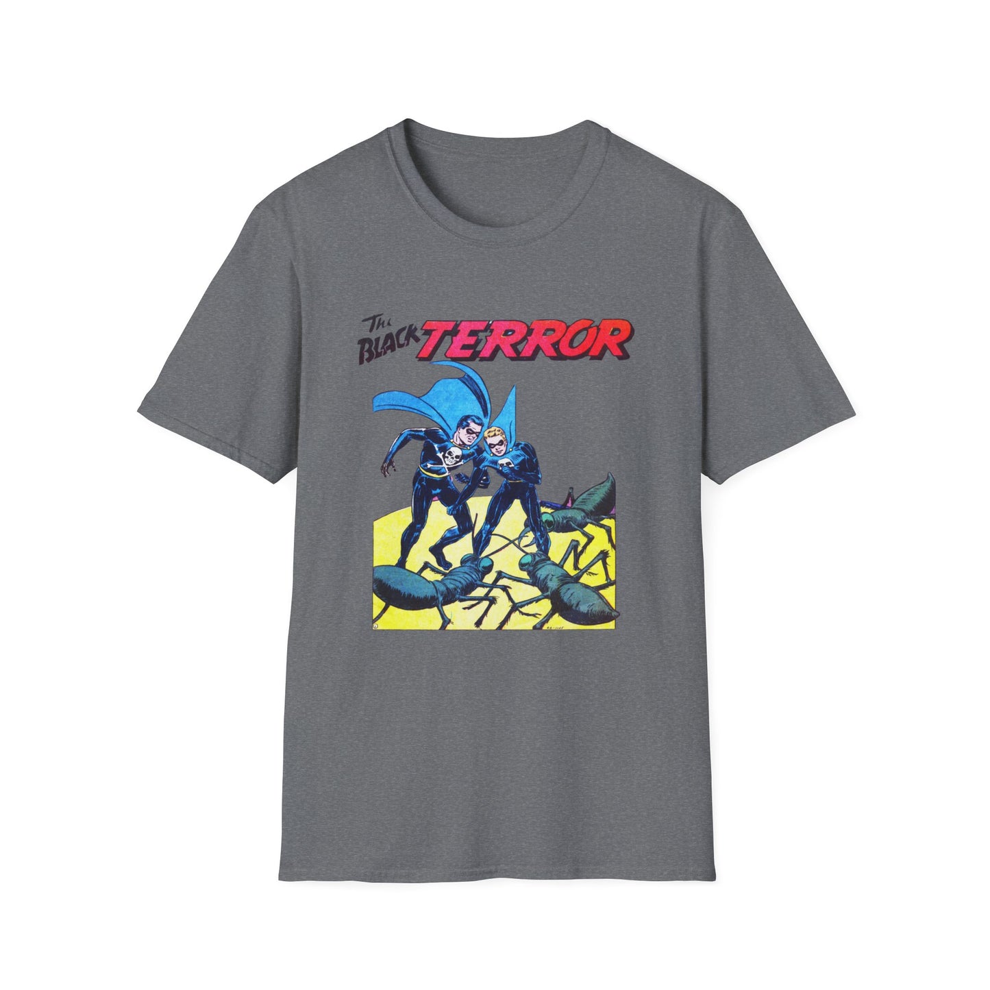 Front view of the Retro Black Terror Comic Book T-Shirt in dark gray, featuring a vibrant comic book design with superheroes, ideal for fans of comic books and vintage graphic tees.