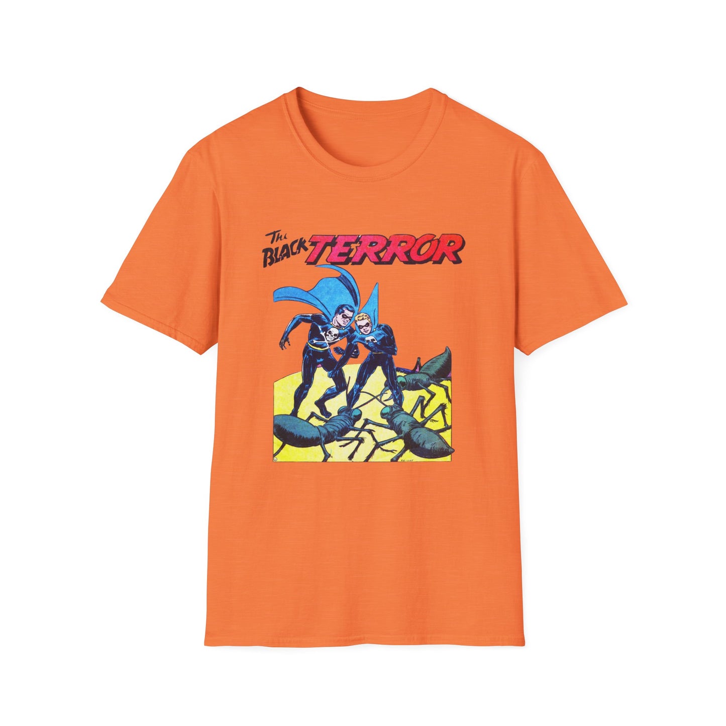 Front view of the Retro Black Terror Comic Book T-Shirt in orange, showcasing a lively comic book graphic featuring iconic characters, perfect for comic book lovers.