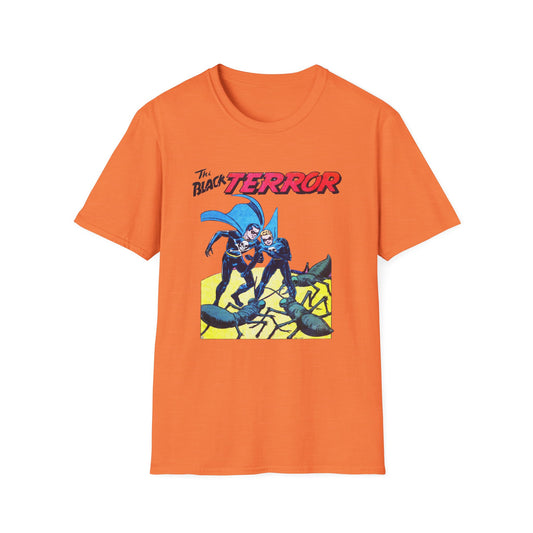 Front view of the Retro Black Terror Comic Book T-Shirt in orange, showcasing a lively comic book graphic featuring iconic characters, perfect for comic book lovers.