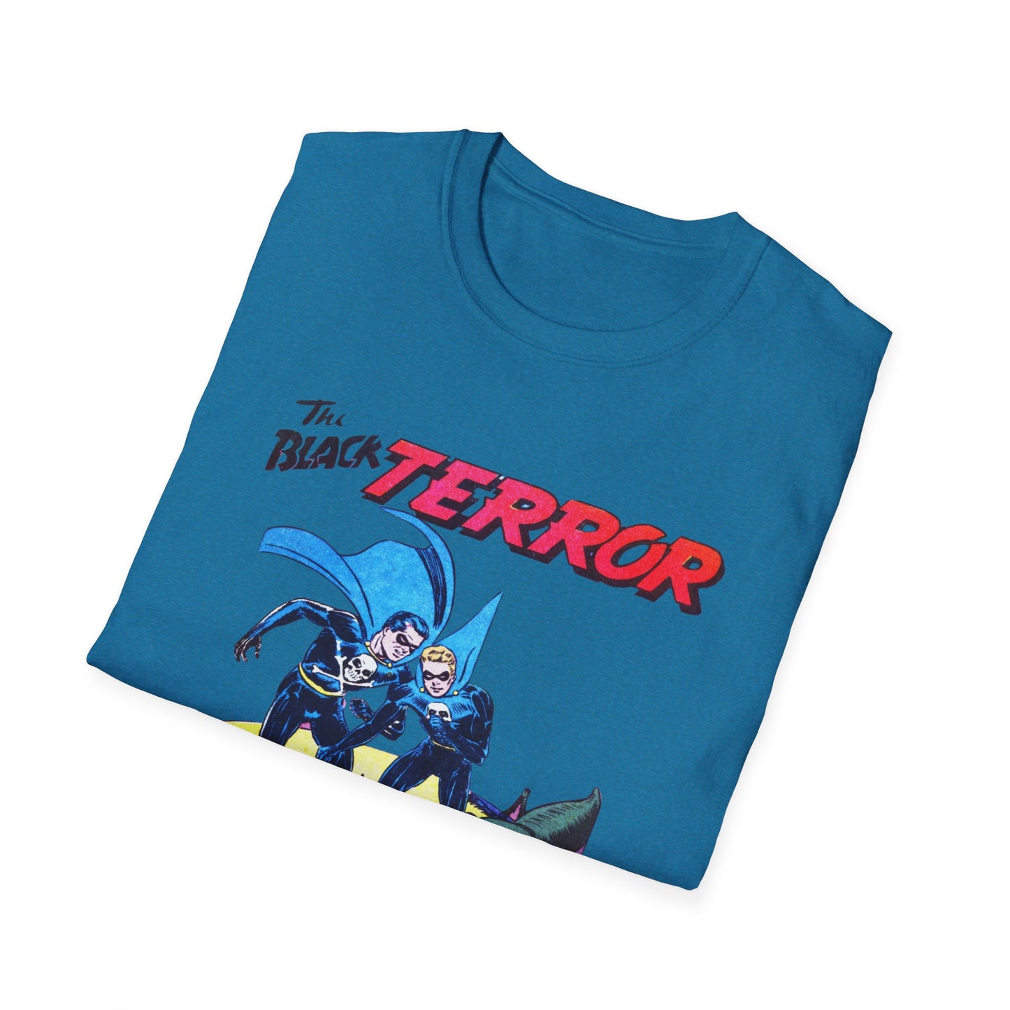 Folded Retro Black Terror Comic Book T-Shirt in heather red, highlighting its vibrant comic book design perfect for casual wear.