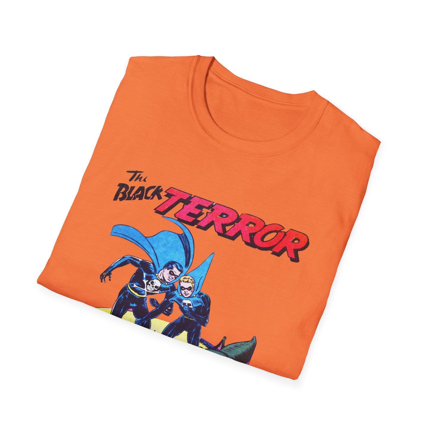 Folded Retro Black Terror Comic Book T-Shirt in orange, displaying the bright comic book graphic, a great addition to any casual wardrobe.