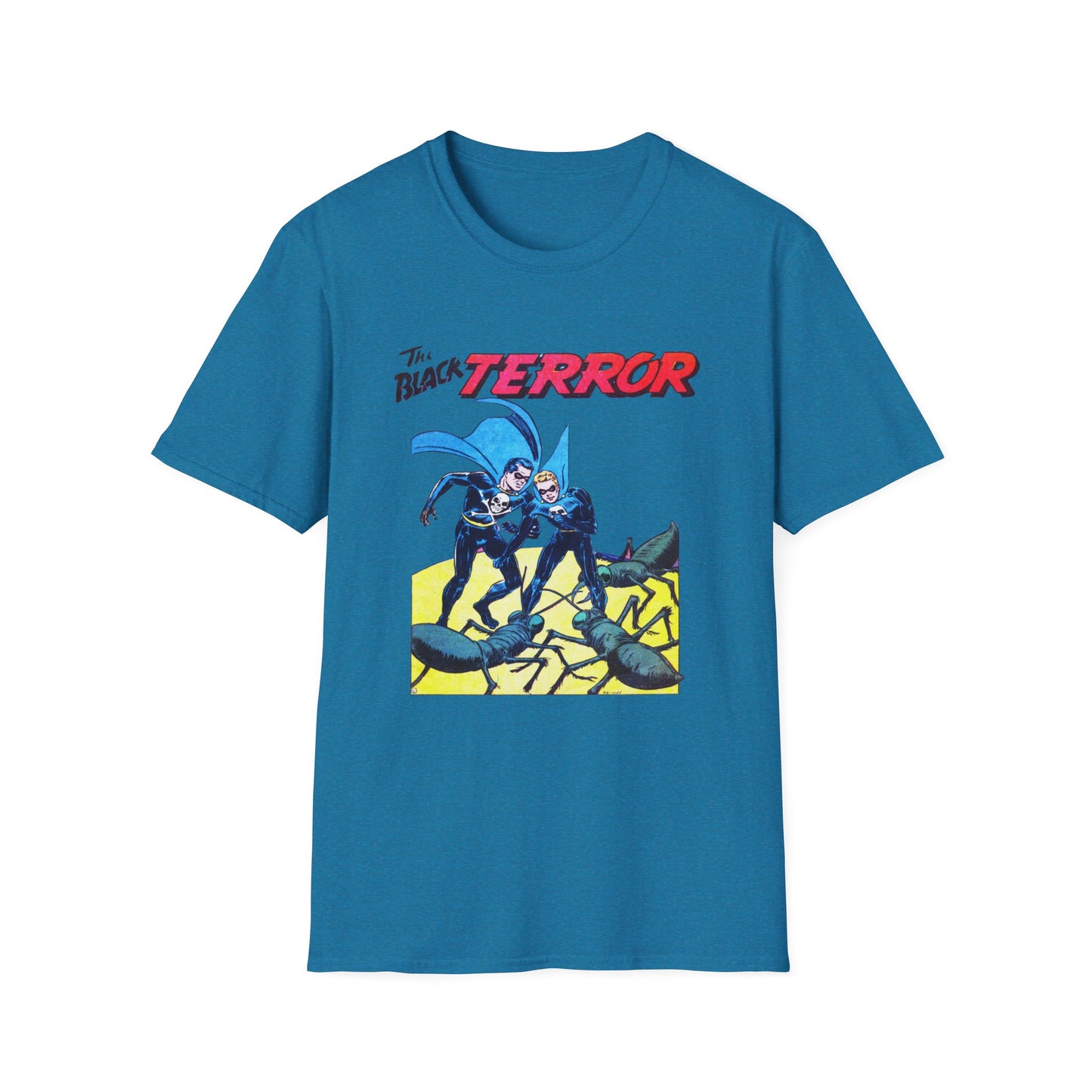 Front view of the Retro Black Terror Comic Book T-Shirt in blue, featuring an iconic superhero comic illustration, great for fans of the classic comic book graphic tee.