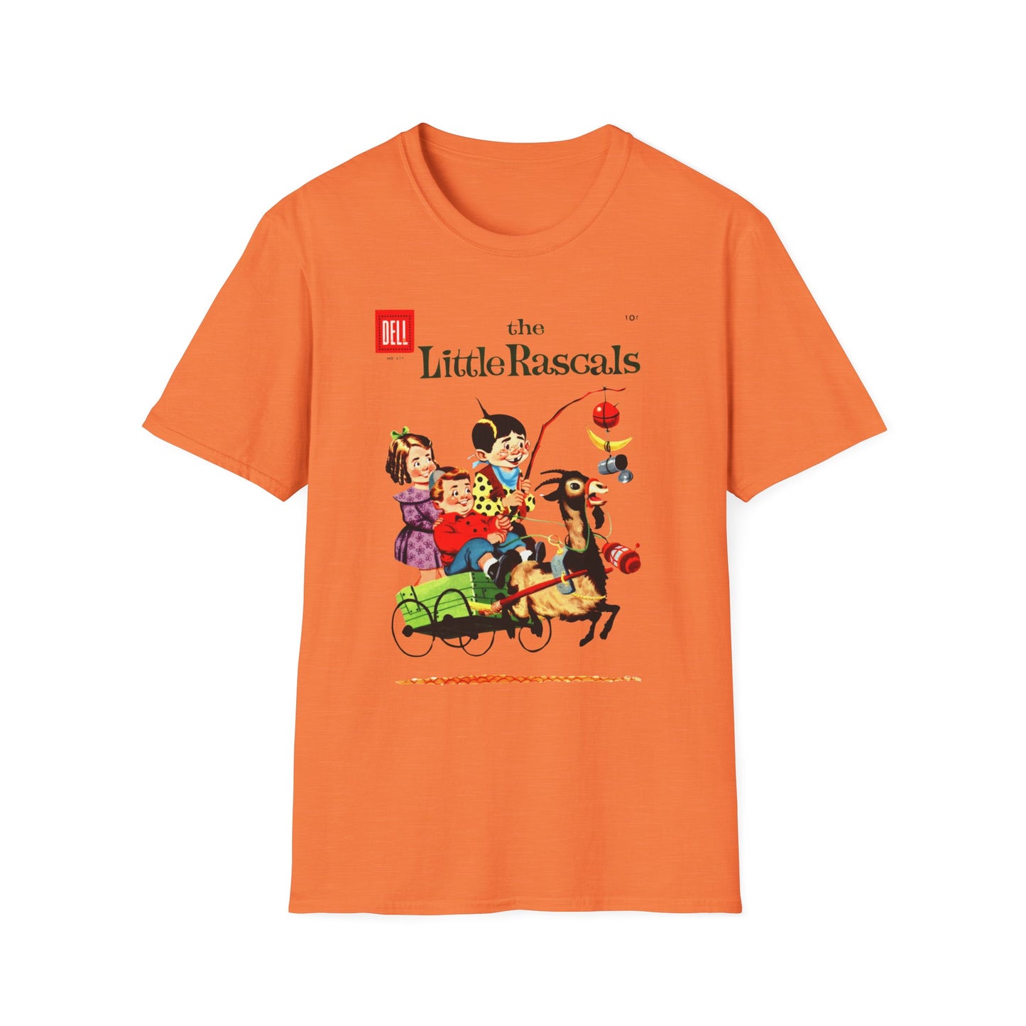 Vintage Little Rascals T-Shirt in vibrant orange, displaying a playful comic cover from the classic series. Perfect for adding a pop of fun to your vintage comic t-shirt collection!