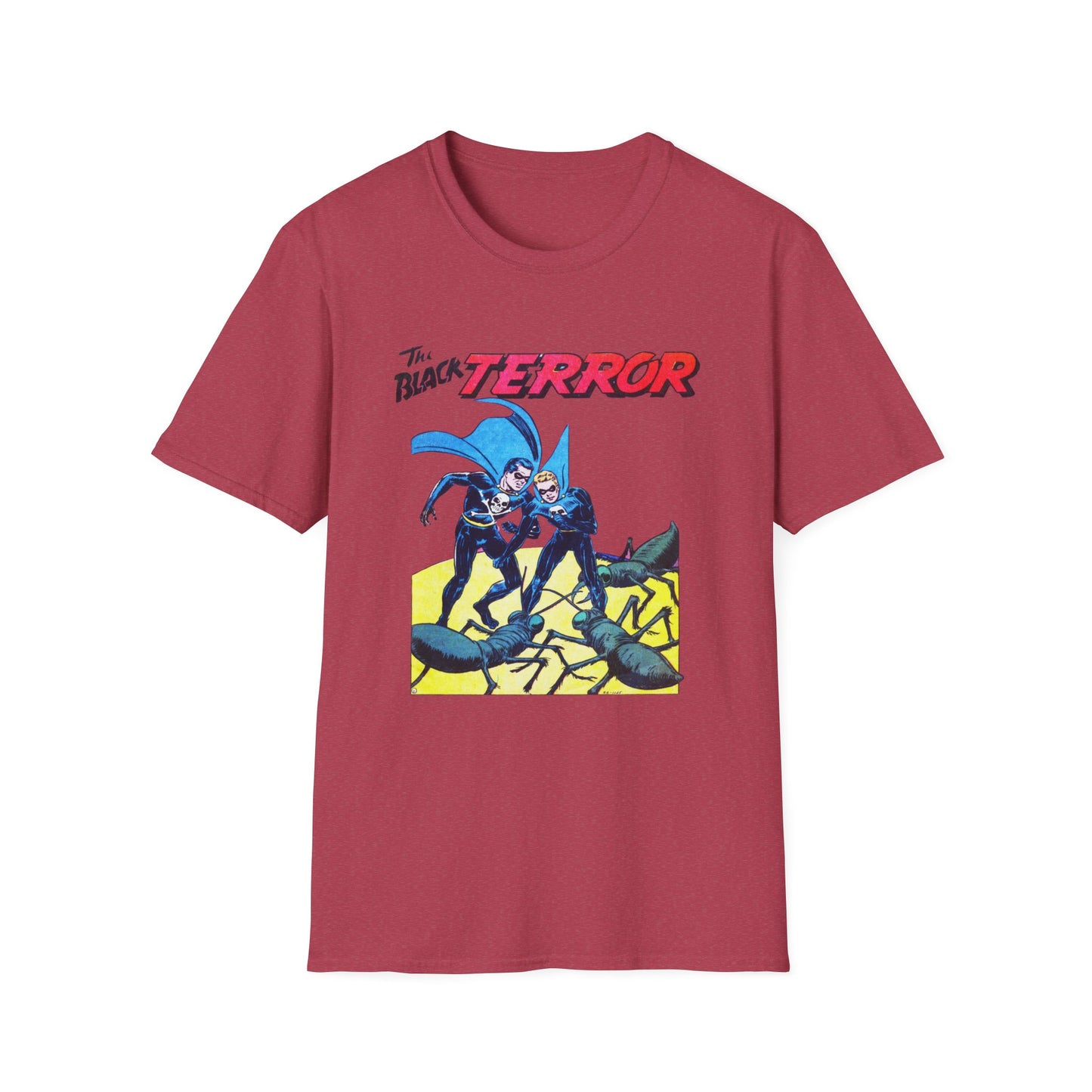 Front view of the Retro Black Terror Comic Book T-Shirt in heather red, showcasing a bold comic book design, perfect for casual wear among comic book fans.