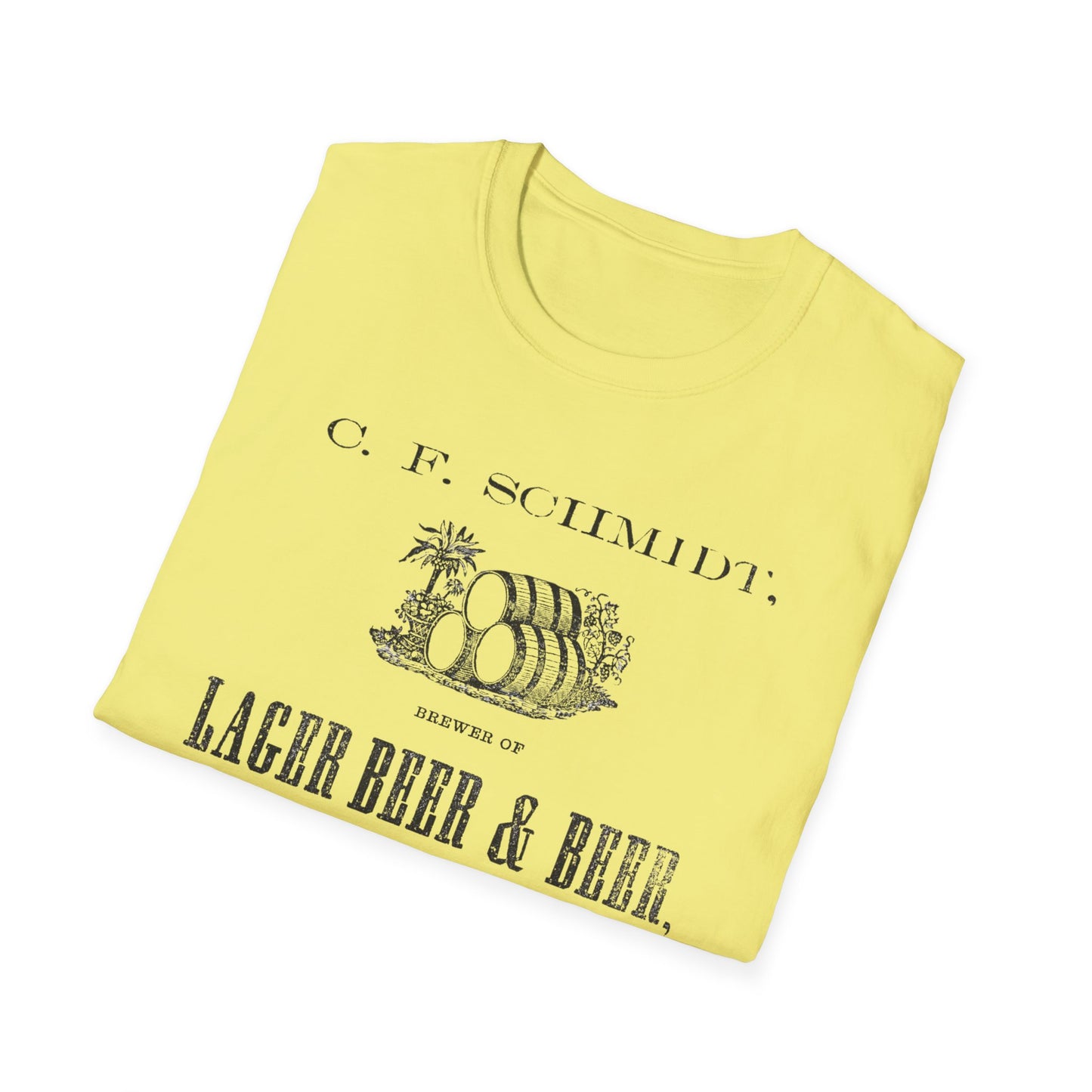 A vibrant turquoise t-shirt boasting the C.F. Schmidt Lager Beer design, perfect for festivals or casual outings.