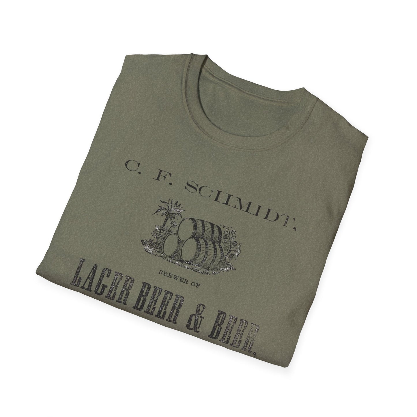 A soft blue t-shirt showcasing the C.F. Schmidt Lager Beer logo, great for expressing your passion for beer in style.