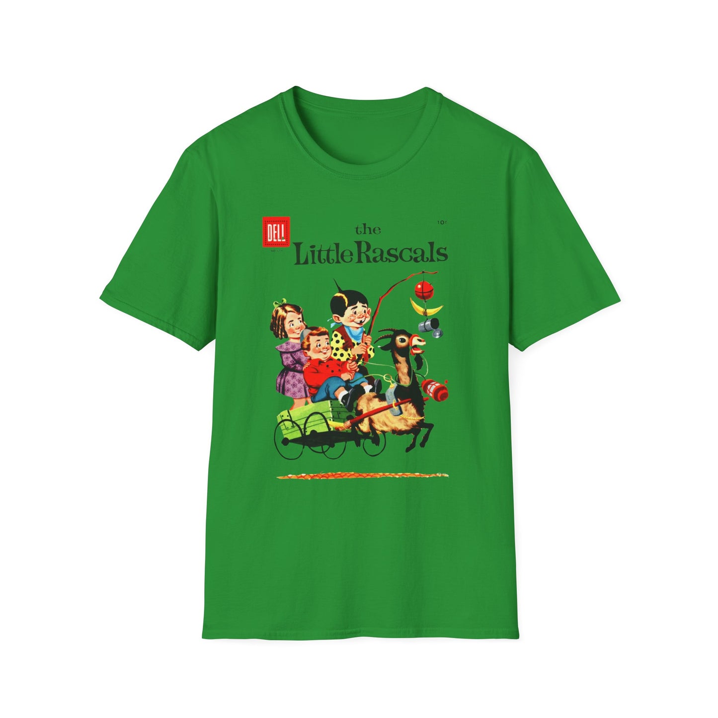 Vintage Little Rascals T-Shirt in bright green, showcasing whimsical characters from the vintage comic series on a fun cover. Make a statement with this delightful vintage comic t-shirt!