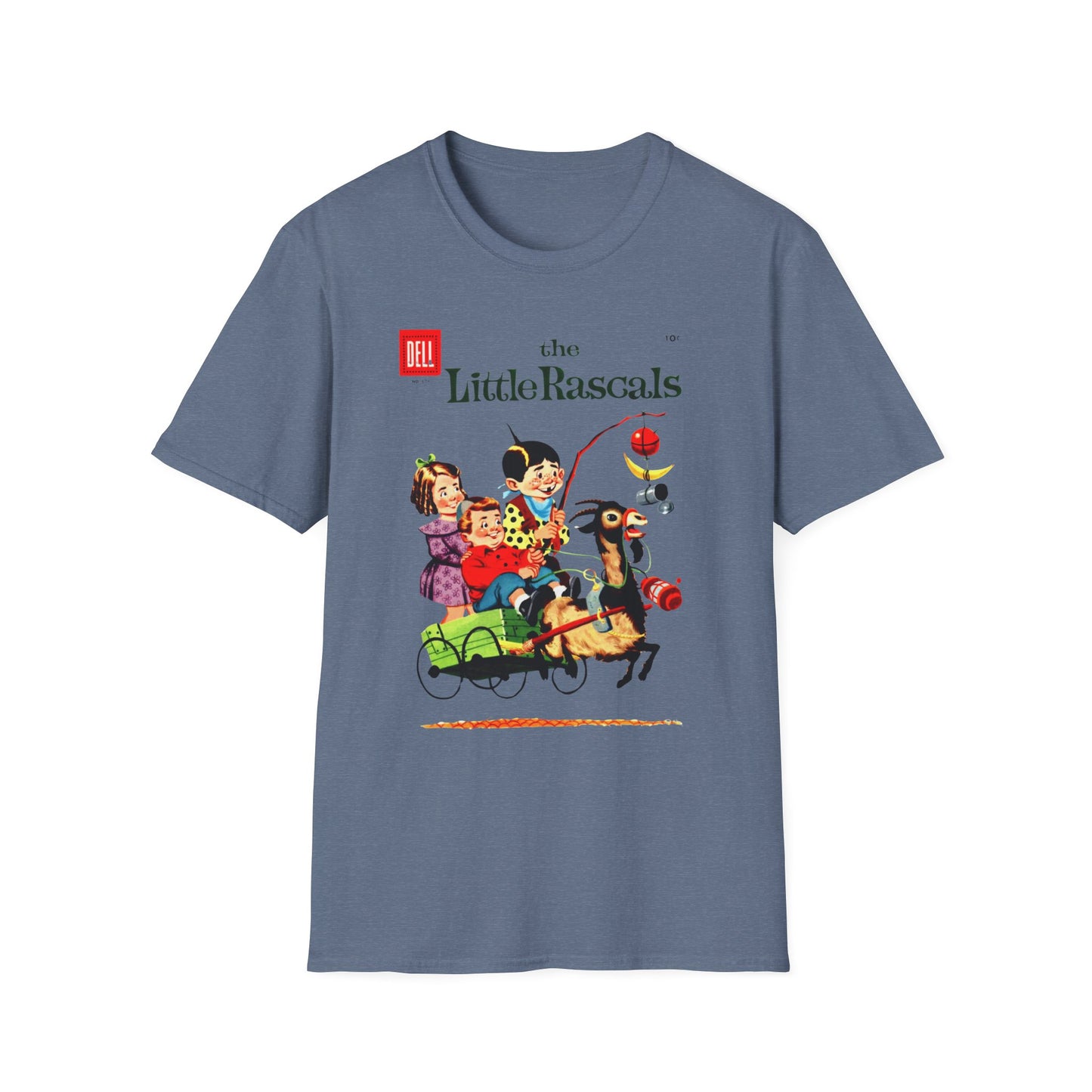 Vintage Little Rascals T-Shirt in denim blue, featuring an iconic vintage comic cover print capturing the essence of fun and adventure. A stylish vintage comic t-shirt addition to your collection!