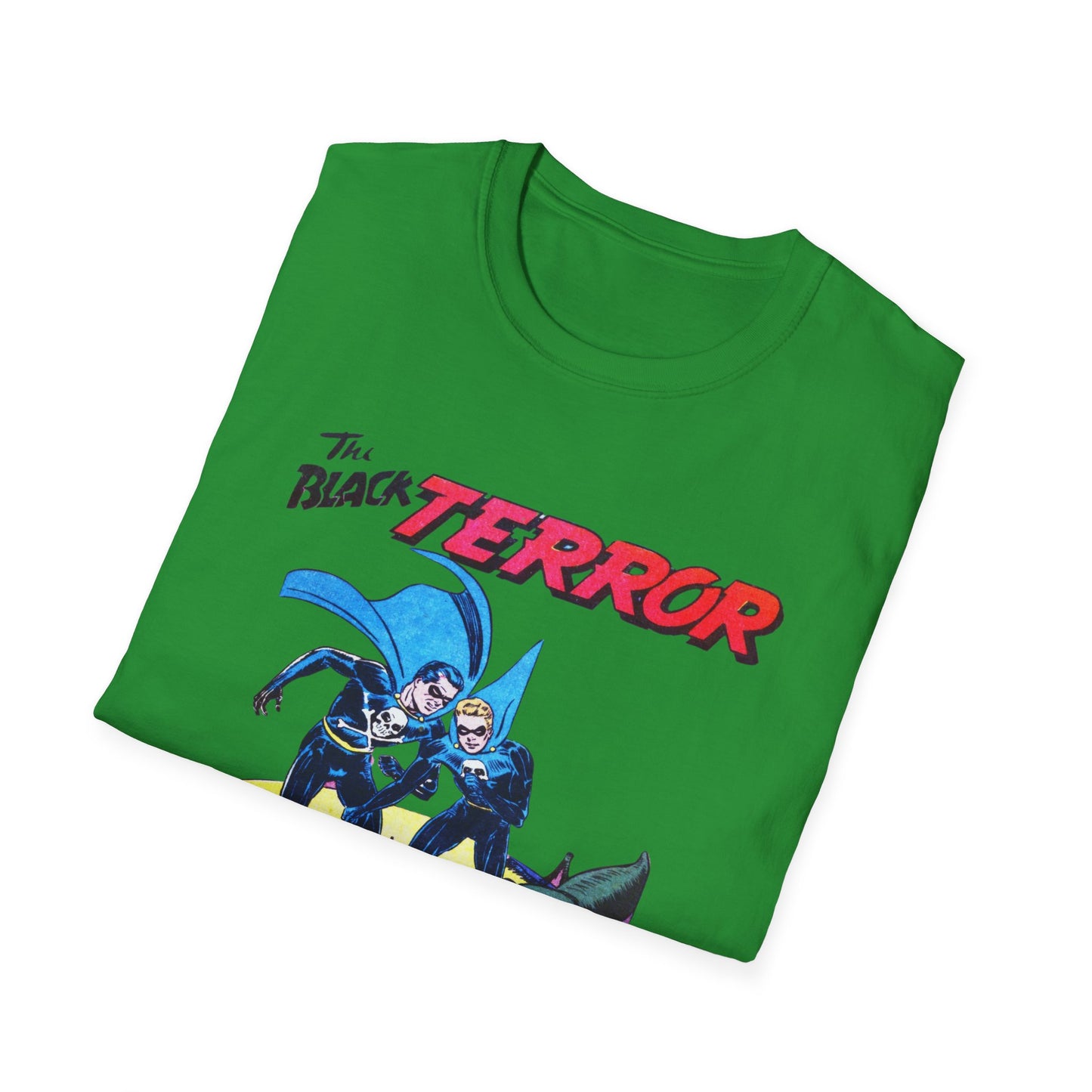 Folded Retro Black Terror Comic Book T-Shirt in teal, showcasing a dynamic comic book design perfect for superhero enthusiasts.