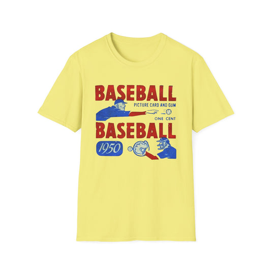 Vintage 1950 Baseball Card Wrapper Unisex T-Shirt in yellow featuring retro graphics, perfect for baseball fans who appreciate 1950s memorabilia and nostalgic sportswear. A great gift for any baseball enthusiast, this tee combines comfort and style.